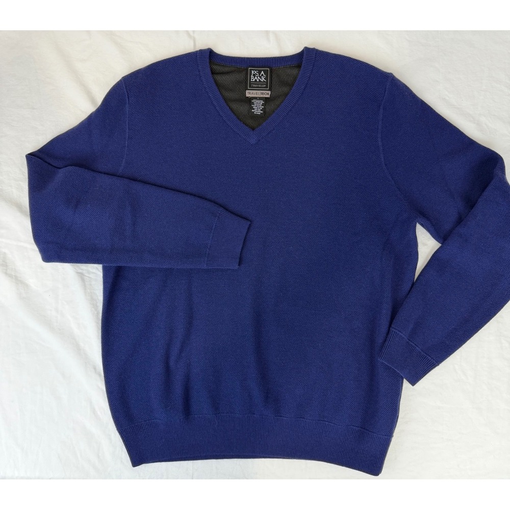 Men's Navy Merino Wool Blend V-Neck Sweater Large TravelTech Jos A Bank